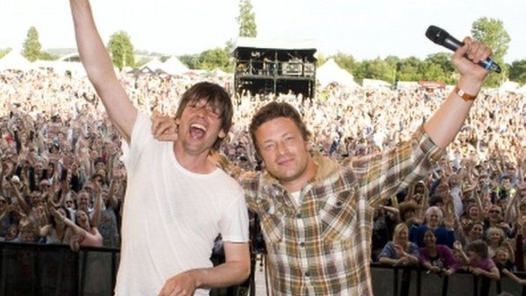 Alex James (left) and Jamie Oliver on stage at the Big Feastival on Saturday