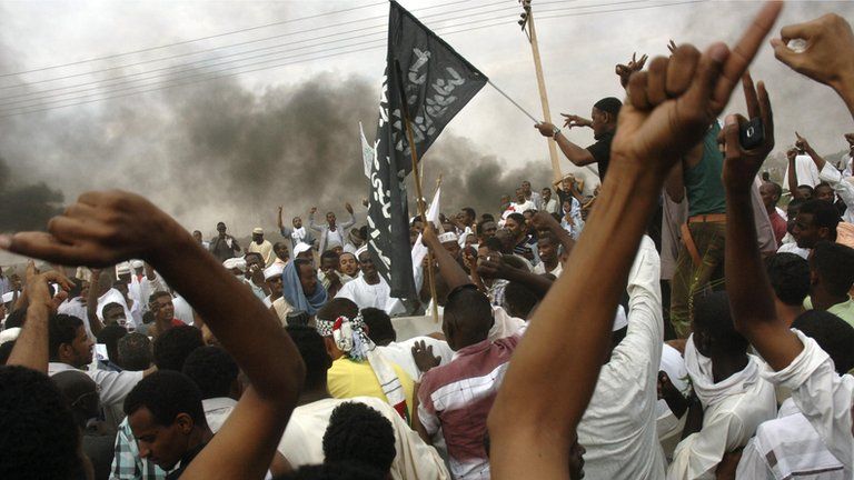 Sudanese demonstrators outside the US embassy in Khartoum September 14, 2012