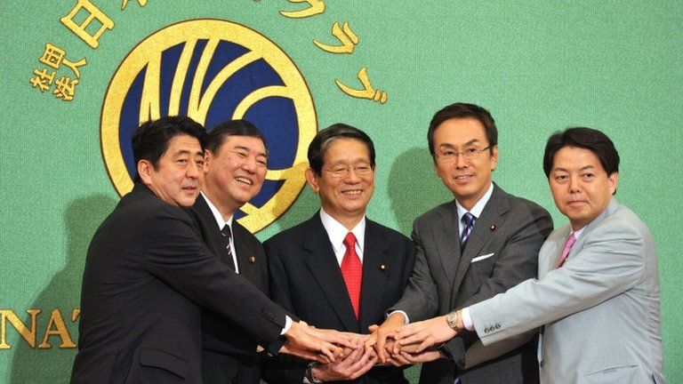 LDP leadership candidates (L-R) Shinzo Abe, Shigeru Ishiba, Nobutaka Machimura, Nobuteru Ishihara and Yoshimasa Hayashi at a press conference in Tokyo on 15 September 2012