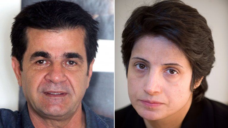 A combination of two file images shows Iranian film director Jafar Panahi (L) posing during an interview with AFP in Tehran on August 30, 2010 and Iranian lawyer Nasrin Sotoudeh posing in Tehran on November 1, 2008.