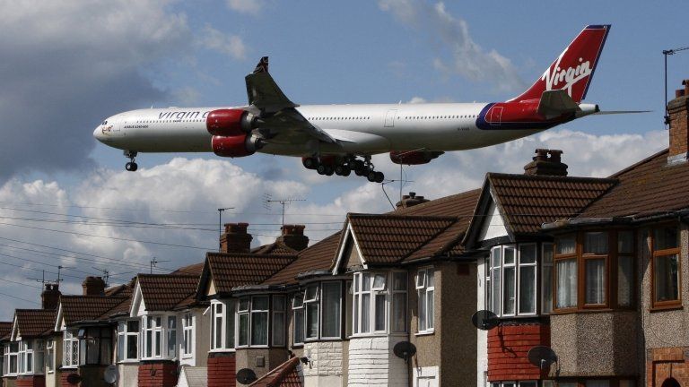 A Virgin Atlantic plane landing at Heathrow