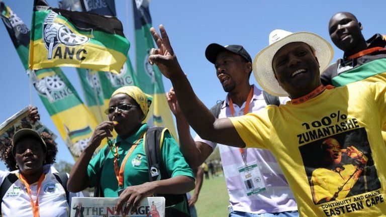 African National Congress (ANC) delegates sing and dance to support South African President Jacob Zuma during the 53rd National Conference of the ANC on December 18, 2012 in Mangaung