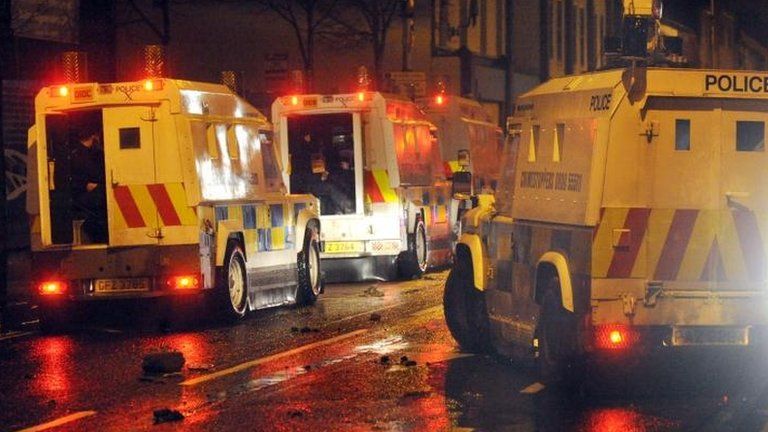 Police vehicles in east Belfast on the evening of 6 January