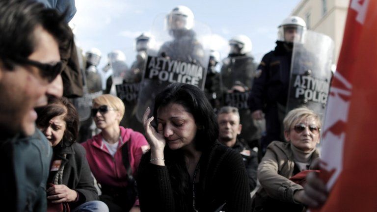 Public sector workers in Athens protesting about the threat of compulsory redundancies