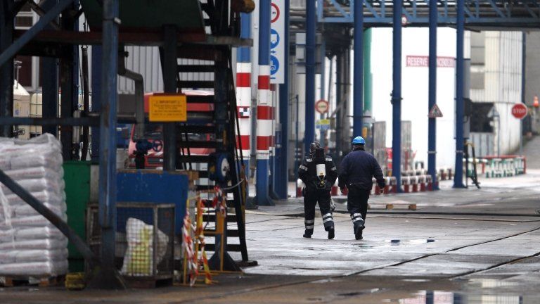 Emergency workers at the Lubrizol factory in Rouen, from where foul smelling industrial gas has leaked