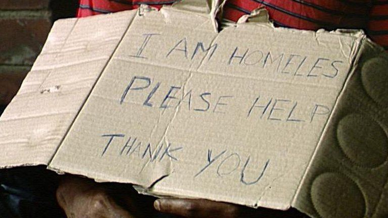Beggar with sign