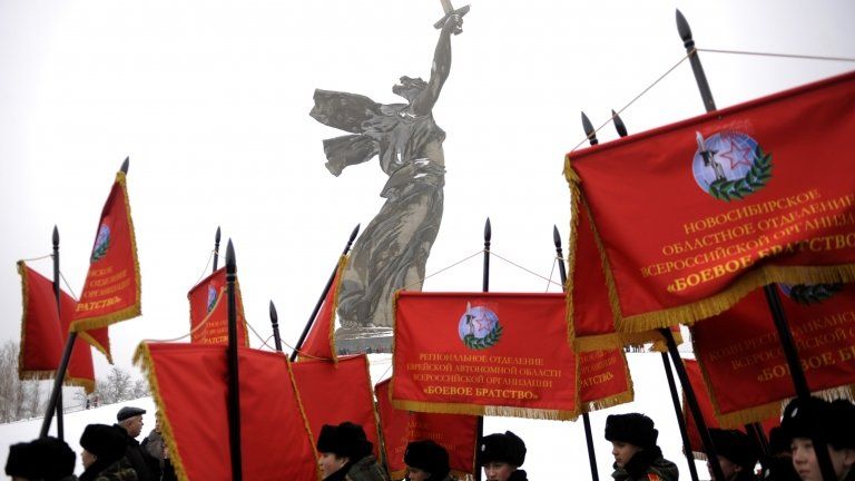 Military students marching near Volgograd's Motherland statue - 2 February