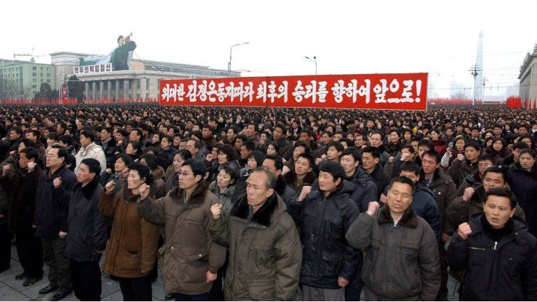 North Koreans at a public celebration event for the nuclear test, Pyongyang (14 Feb 2013)