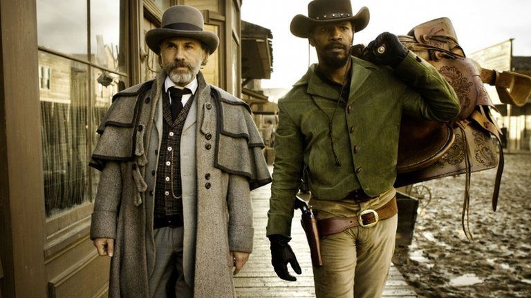 Jamie Foxx, with Christoph Waltz, in a scene from Django Unchained