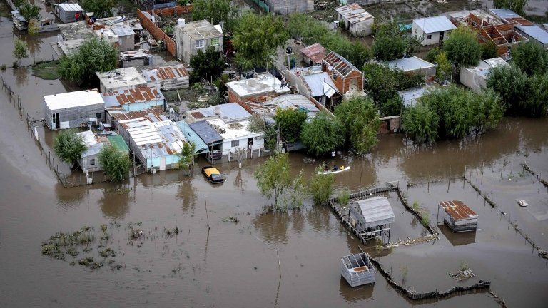 An aerial view of flooded streets in la Plata, Argentina on 4 April 2013