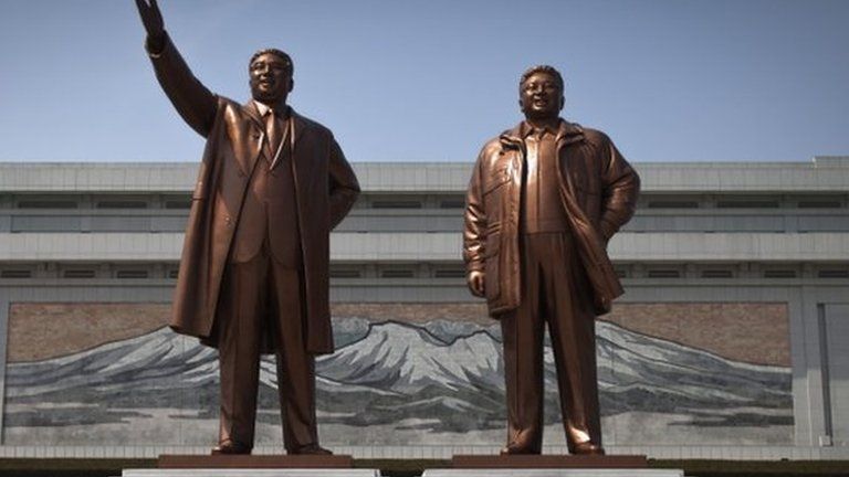 Statutes of North Korea's late leaders Kim Il Sung, left, and Kim Jong Il in Pyongyang