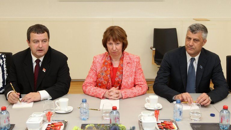 Serbian Prime Minister Ivica Dacic, EU foreign policy chief Catherine Ashton and Kosovan Prime Minister Hashim Thaci - 19 April