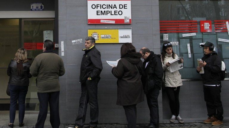 People queue outside a job centre in Madrid. Photo: April 2013