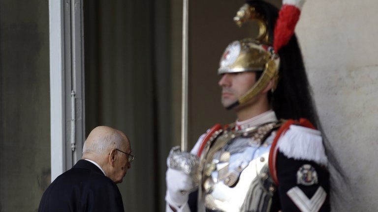 Giorgio Napolitano enters the Quirinale palace after a welcoming ceremony in Rome, 22 April 2013