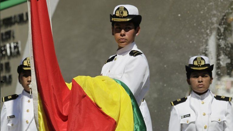 A Bolivian navy officer takes part in Day of the Sea celebrations
