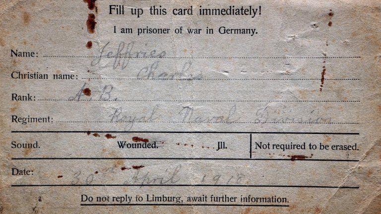 A Postcard sent by WW1 soldier Charles Jeffries sent from prisoner of war camp in Limburg