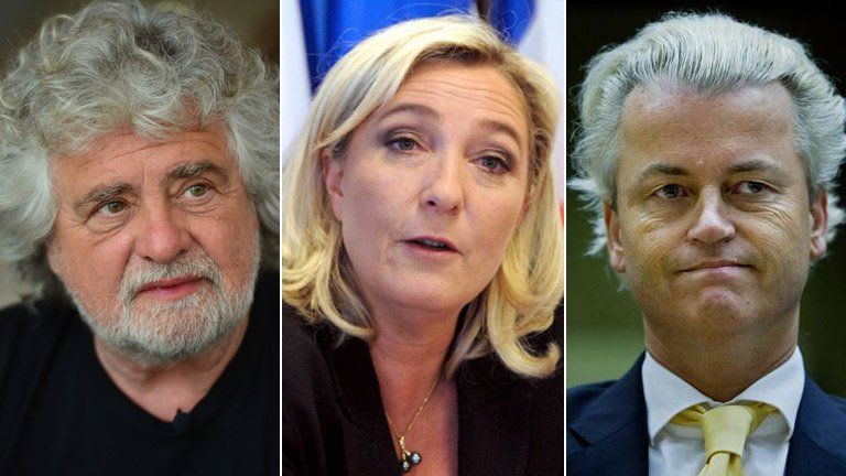 From left: Italy's Beppe Grillo, France's Marine Le Pen and the Netherlands' Geert Wilders (composite of AFP, AFP and AP images)