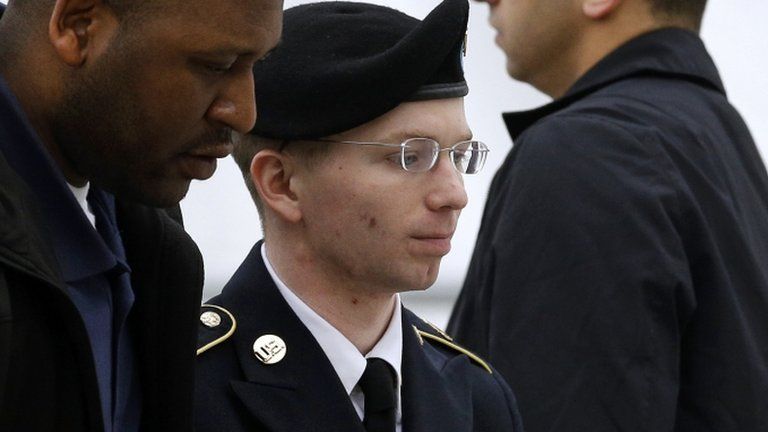 Army Pfc Bradley Manning escorted into a courthouse in Fort Meade, Maryland 21 May 2013