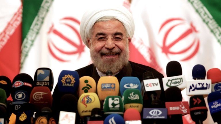 Hassan Rouhani at a press conference on 17 June 2013, following his election win