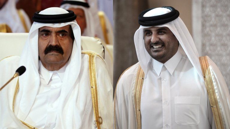 Sheikh Hamad bin Khalifa Al Thani (left) and Sheikh Tamim bin Hamad Al Thani (right)