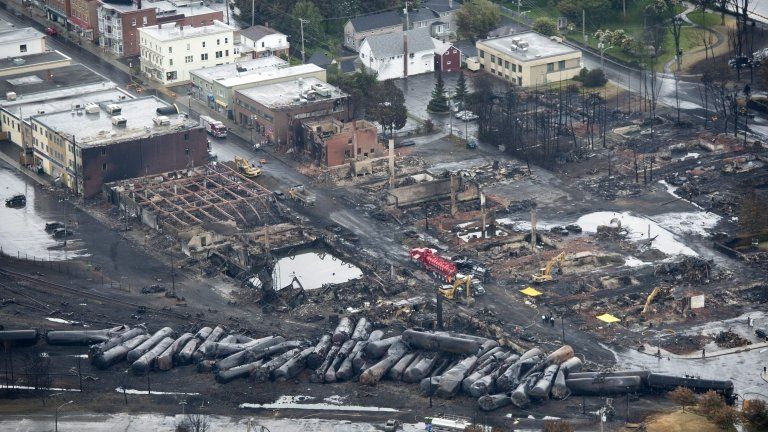 Aerial picture of blast area and train wreck in Lac-Megantic, Canada 9 July 2013