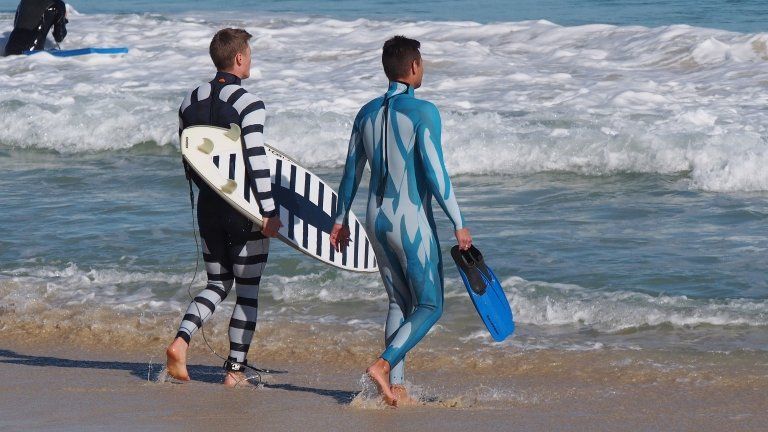 A surfer wearing a black and white striped wetsuit and black and white striped surfboard next to a diver wearing a blue wetsuit