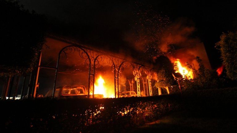 A file photo of the 11 September 2012 attack on the US consulate in Benghazi