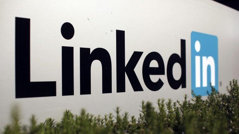The LinkedIn logo outside the company's headquarters