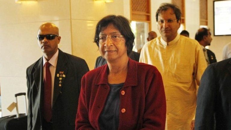UN Human Rights Commissioner Navi Pillay arrives at a hotel in Colombo, Sri Lanka on 25 August 2013