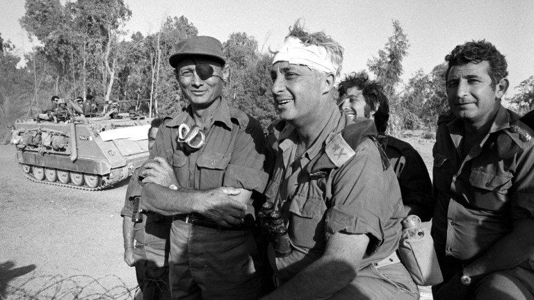 Israeli army Southern Command General Ariel Sharon with Defence Minister Moshe Dayan during the 1973 Middle East war