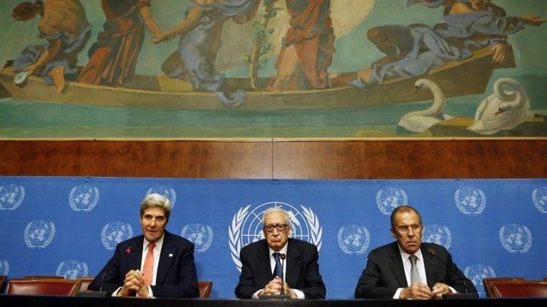 John Kerry, Lakhdar Brahimi and Sergei Lavrov at the UN in Geneva (13 September 2013)