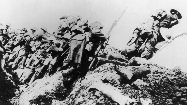 British troops climbing from their trench on the first day of The Big Push on the Somme in 1916