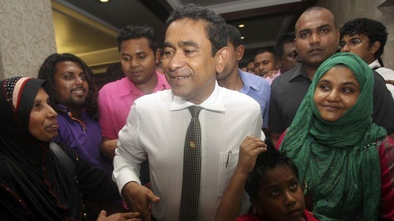 Supporters surround Abdulla Yameen in Male after his election victory in the Maldives, 16 November