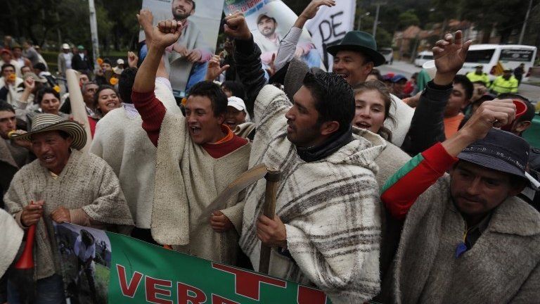 Potato growers shouting anti-government slogans in Bogota