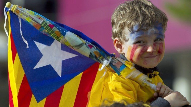 A boy carries a Catalan flag at an independence "human chain" rally in Barcelona, 11 September 11