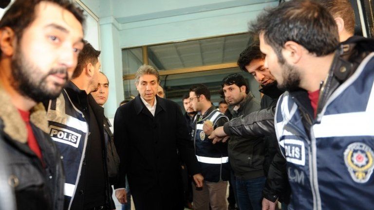 Police escort Mustafa Demir, mayor of Istanbul's Fatih district, after his arrest, 18 December