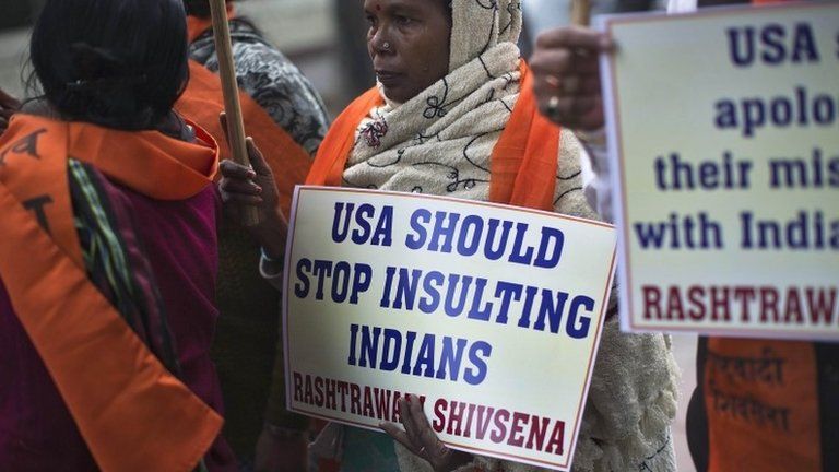 Supporters of Rashtrawadi Shiv Sena, a Hindu hardline group, carry placards during a protest near the US embassy in New Delhi 18 December 2013