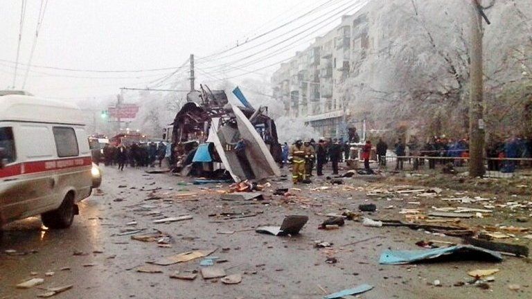 A handout picture taken and released on Monday by officials shows the wreckage of a trolleybus following a suicide attack in Volgograd