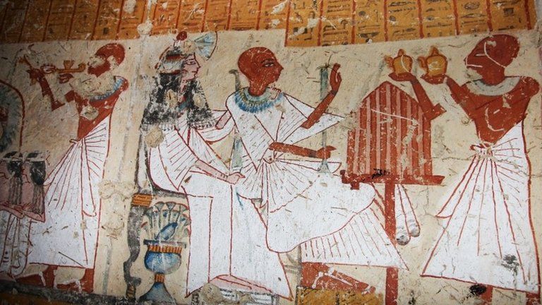 Coloured inscriptions on a newly discovered tomb in Luxor
