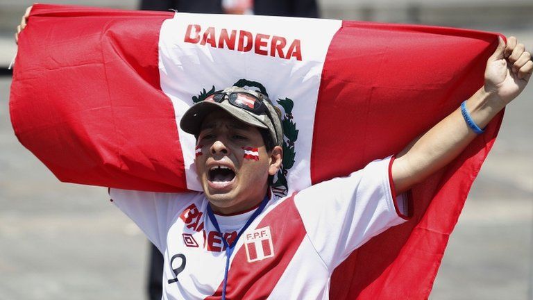 A supporter holds a Peruvian flag after knowing the final ruling court decision of a decades-old maritime dispute between Peru and Chile, at the Government Palace in Lima