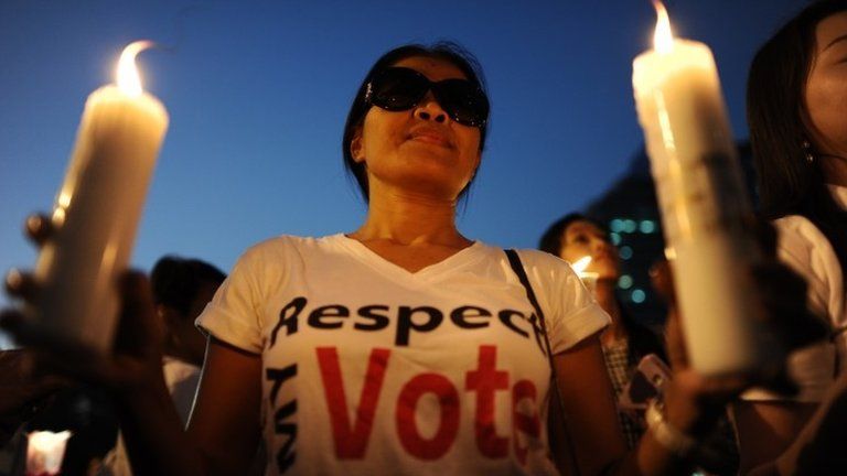 A Thai pro-election activist holds candles as activists rally in support of an upcoming election at a park in downtown Bangkok, 30 January 2014