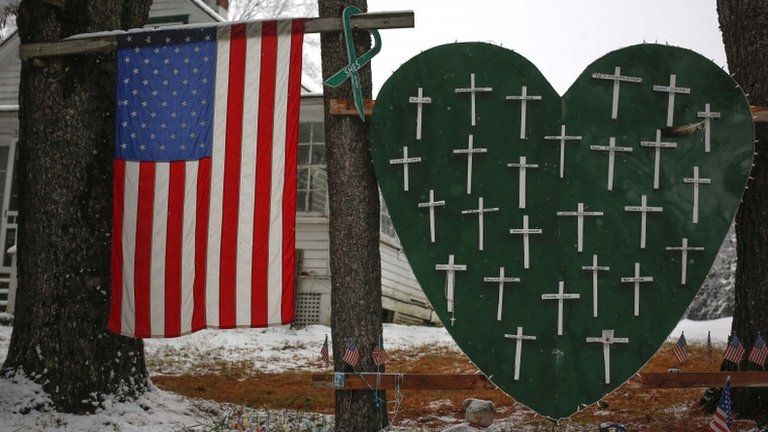 A memorial for the victims killed in the Sandy Hook Elementary School shooting