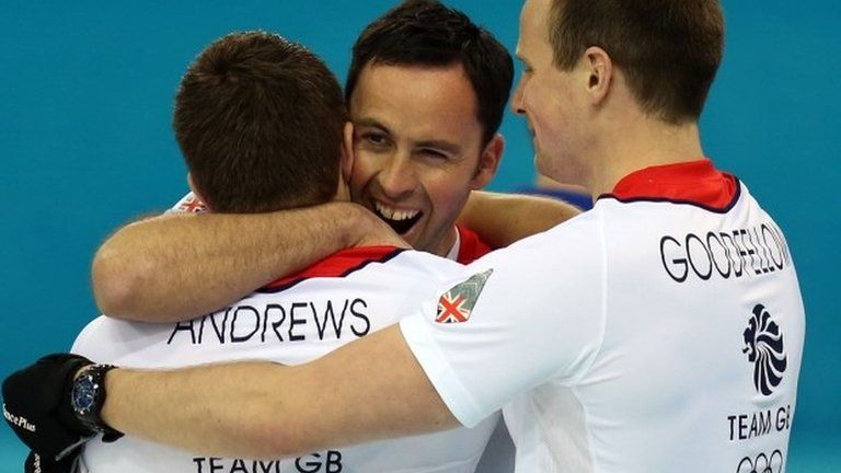 Great Britain's skip David Murdoch (centre), Michael Goodfellow (right) and Scott Andrews celebrate at the end of the men's curling semi-final