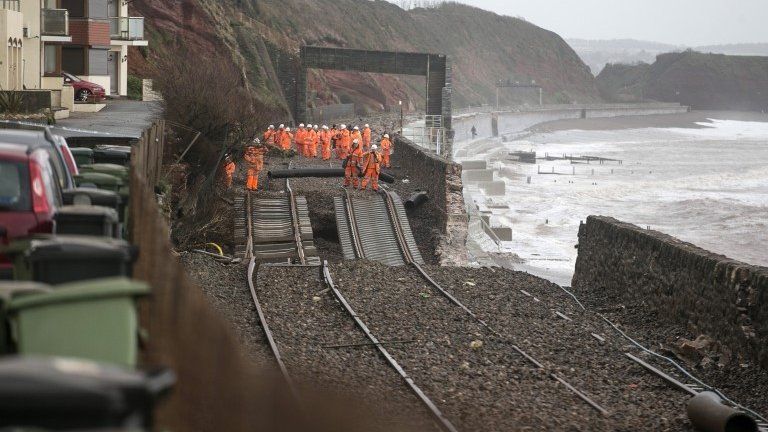Storm damage to rail track at Dawlish, Devon