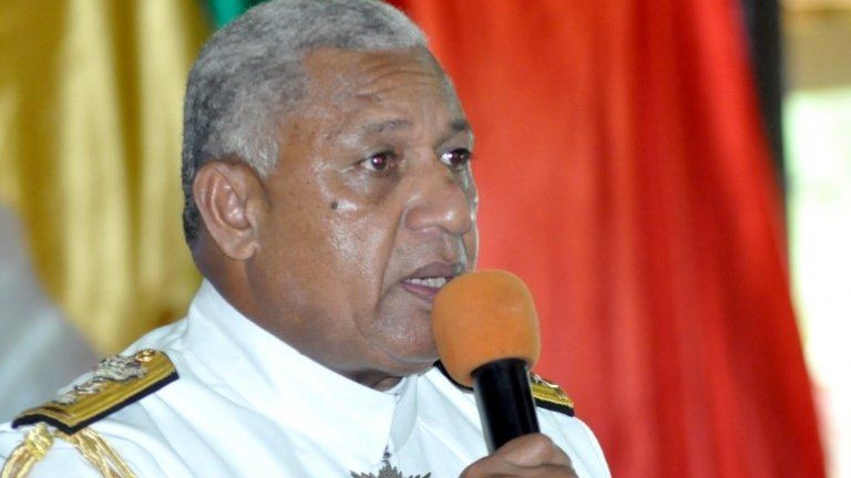 Fiji strongman Voreqe Bainimarama speaks during a ceremony as he resigns as military chief, in Suva, 5 March 2014