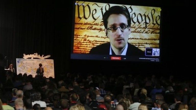 US intelligence leaker Edward Snowden speaks via video link to the SXSW festival in Austin, Texas, on 10 March 2014