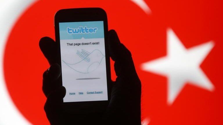 Person holding phone with Twitter blank page open, against Turkish flag backdrop (21 March)