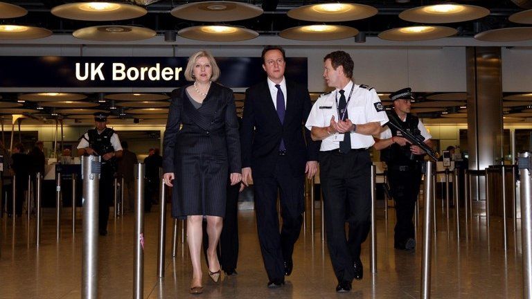 David Cameron with Theresa May at a Border Agency visit in 2010