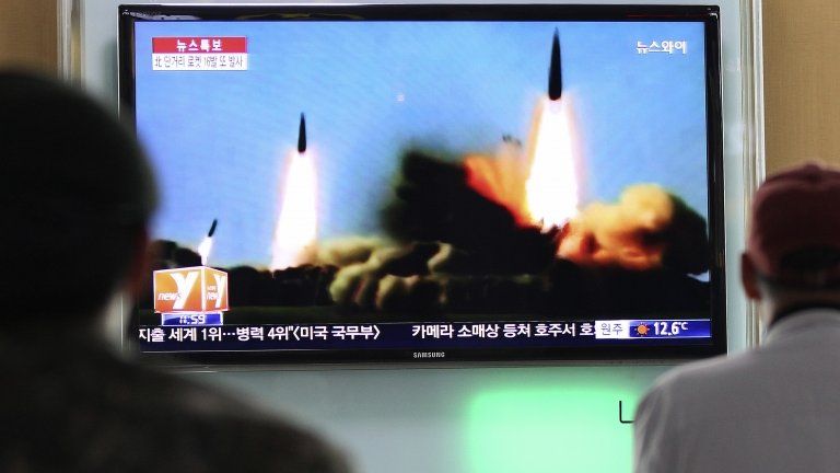 TV images of North Korean short-range rocket launches. 23 March 2014