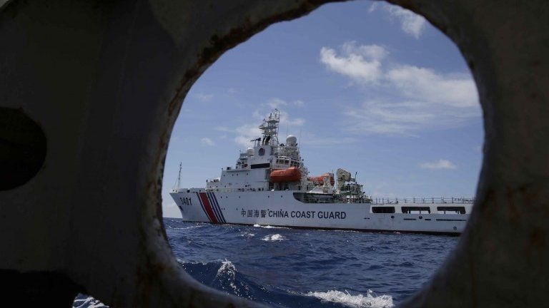 A China Coast Guard vessel attempts to block a Philippine government vessel, March 29